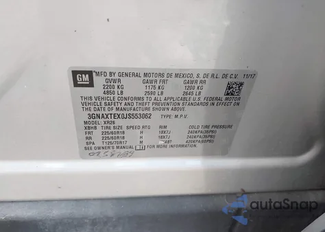 2018 Chevrolet Equinox Lt z USA, uszkodzony, nr VIN 3GNAXTEX0JS553062